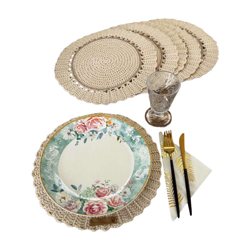 Handmade Crochet Placemat Set of 6  Boho Rustic Table Decor  Round Doily Farm