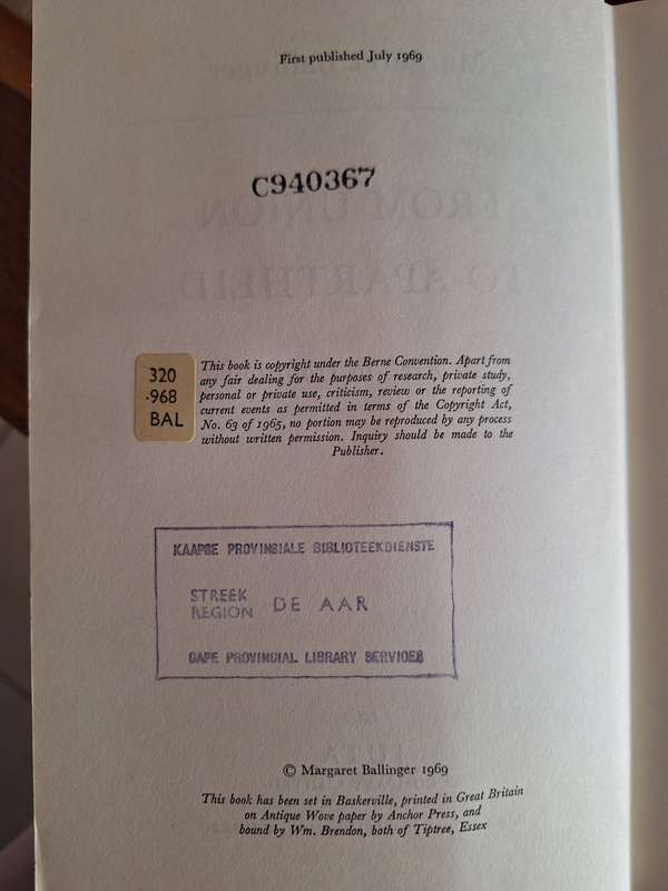 From Union to Apartheid-1969 First Edition. Margaret Ballinger.