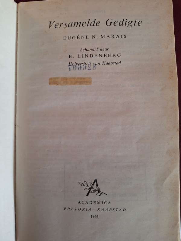 Versamelde gedigte van Eugene Marais Behandel- E Lindenberg 1966 Academia first Edition/Afrikaans