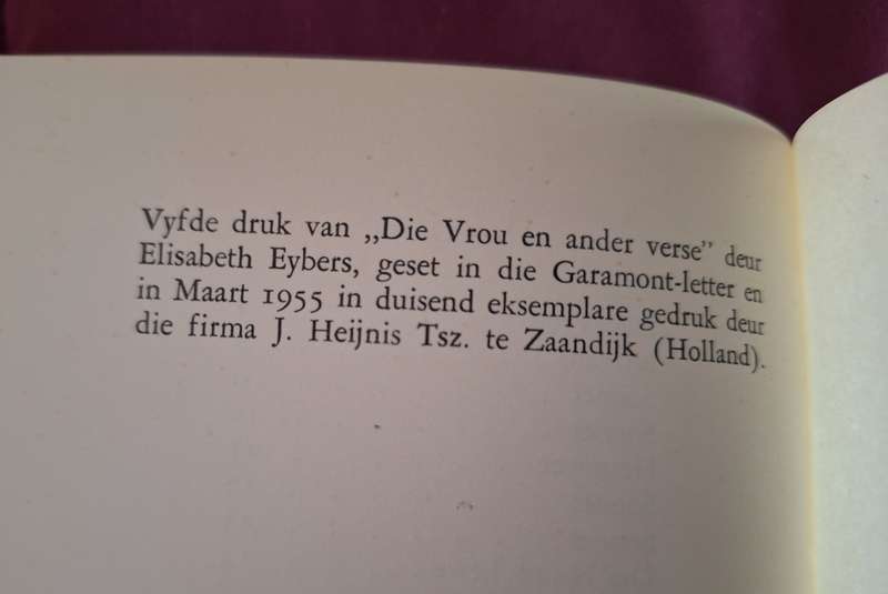 DIE VROU en ander verse deur Elizabeth Eybers printed 1955 (1000copies) in Holland Afrikaans (Rare)