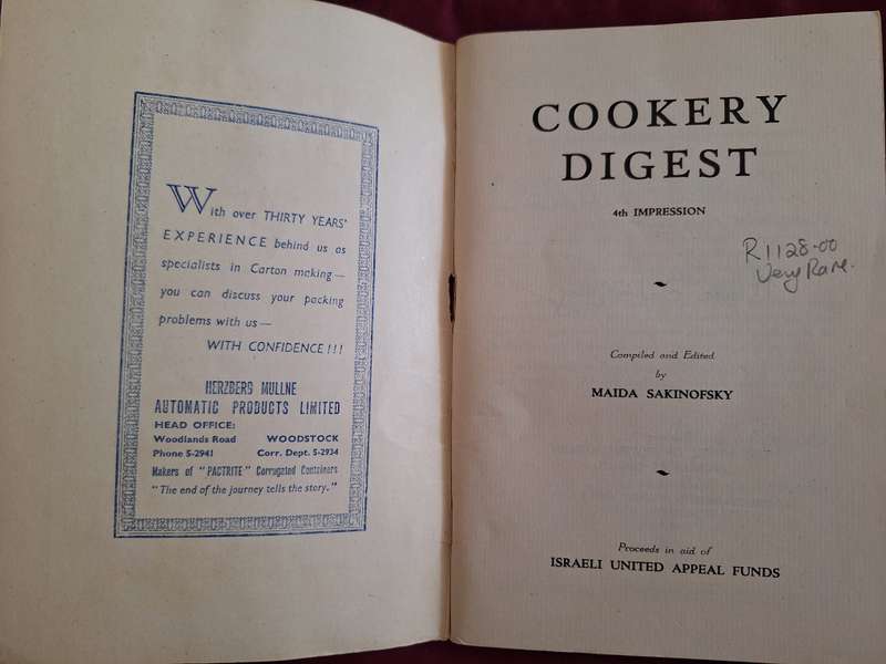 Cookery Digest Sponsored by the Union of Jewish Women in Worcester South Africa-1951 SA Cooking/Rare