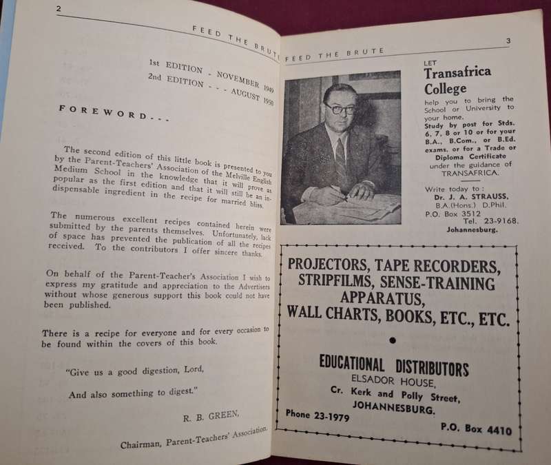 "Feed the Brute" a collection of recipes - Melville School 1954 English text.