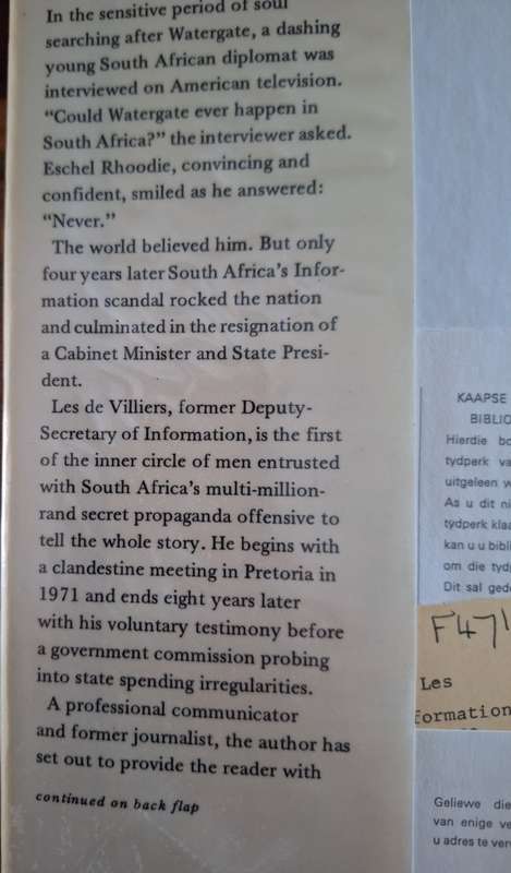 Secret Information-Les de Villiers 1st Edition 1980 English text. Rhoodie Eschel scandal.