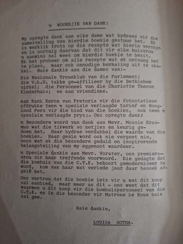 Recipes given to the Charlotte Theron Kinderhuis Betlehem-Afrikaans Cooking