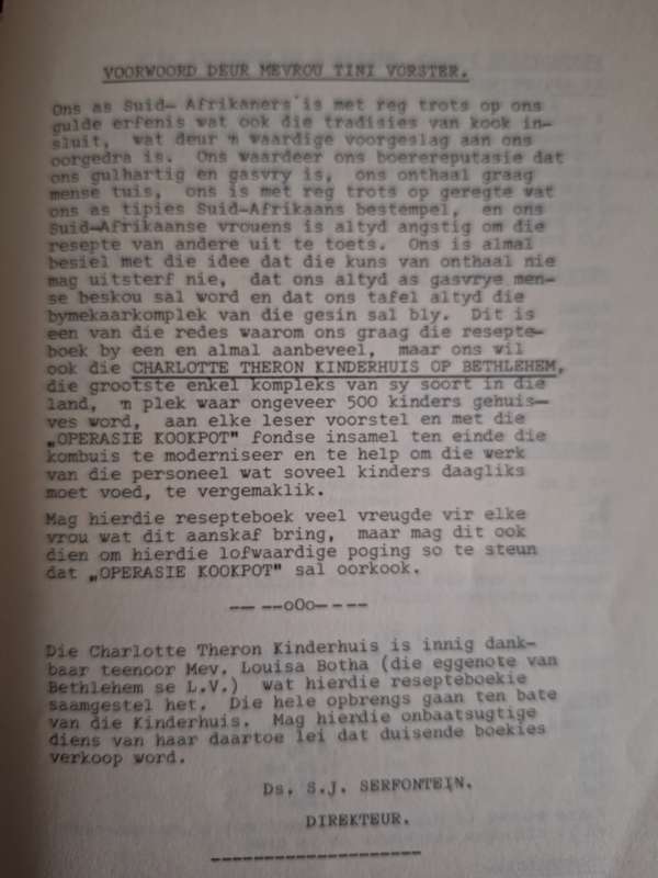 Recipes given to the Charlotte Theron Kinderhuis Betlehem-Afrikaans Cooking