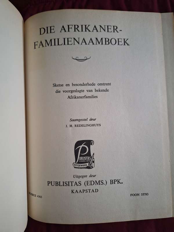 Die Afrikaner-Familienaamboek- 1954 JH Redelinghuys -Afrikaans Text