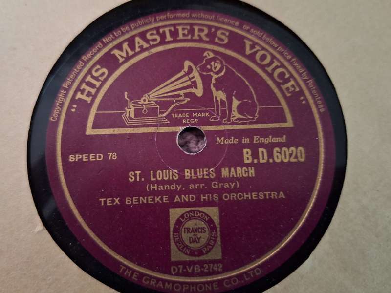 Gramophone His Master Voice - St Louis Blues March/Cherokee Canyon-Tex Beneke Orchestra-78 speed