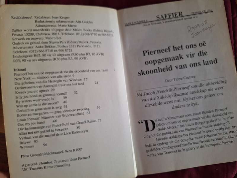 SAFFIER-Februarue 1991/ Grootdruk/Joan Kruger-Afrikaans text