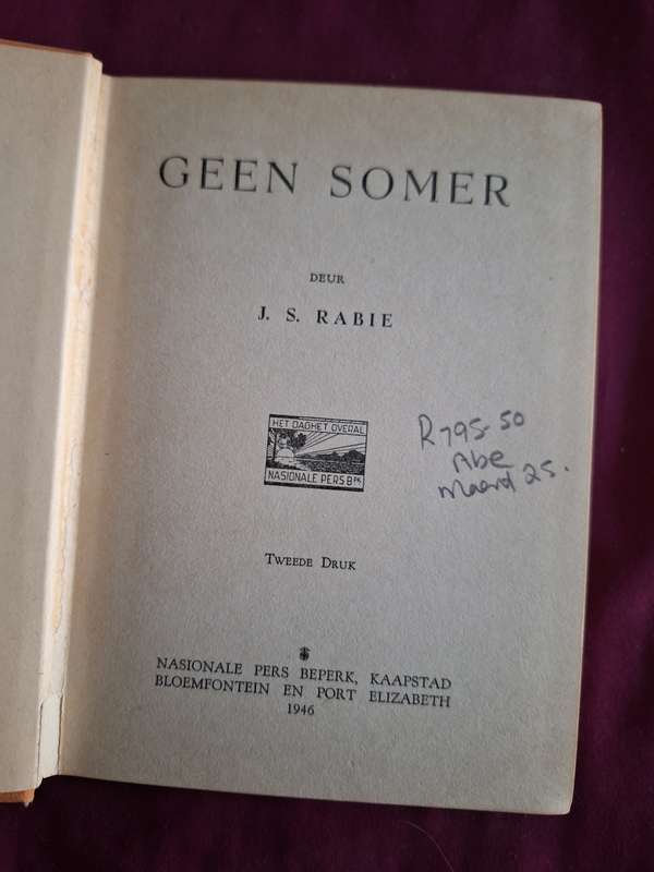 JS RABIE-Geen Somer-1946 2nd impression. Afrikaans Text