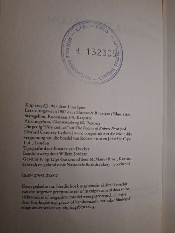 LINA SPIES-Van sjofar tot sjalom-first edition 1987- Afrikaans Text- Poetry