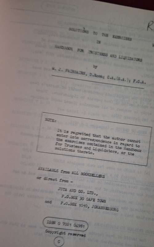 SOLUTIONS to the exercise contained in HANDBOOK for TRUSTEES and LIQUIDATORS-WJ Fairbairn 1974/law