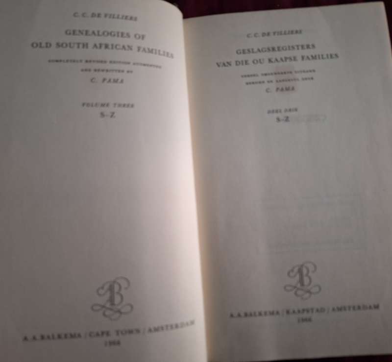 Geslagsregisters van ou Kaapse families/Genealogies of old SA Families Vol 3 S-Z/1966