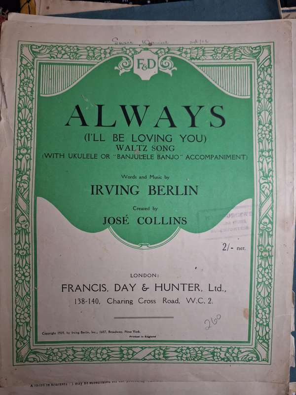 SHEET MUSIC - ALWAYS I'll be loving you waltz song composed by Irvine Berlin