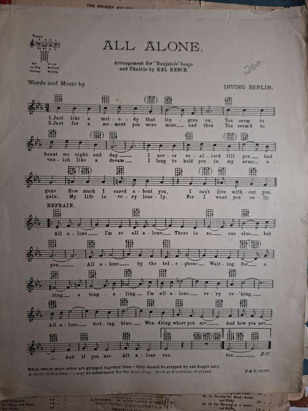 SHEET MUSIC - ALL ALONE - IRVING BERLIN pp6. Music Score.