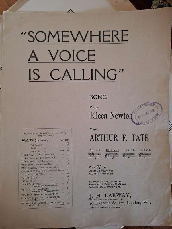 SHEET MUSIC- SOMEWHERE A VOICE IS CALLING - ARTHUR F TATE/ words -Eileen Newton pp6