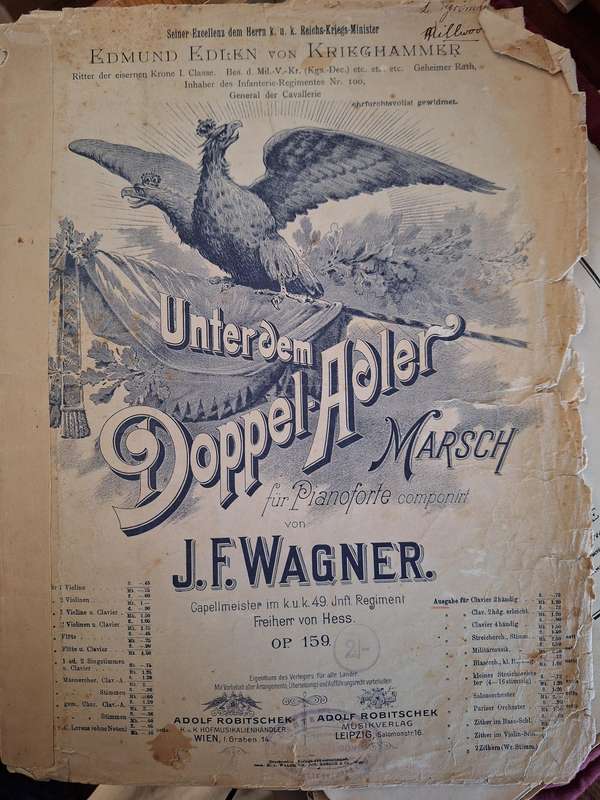 SHEET MUSIC/Unterdem Doppel-Adler Marsch fur Pianoforte componirt von J.F. Wagner. Freiherr von Hess