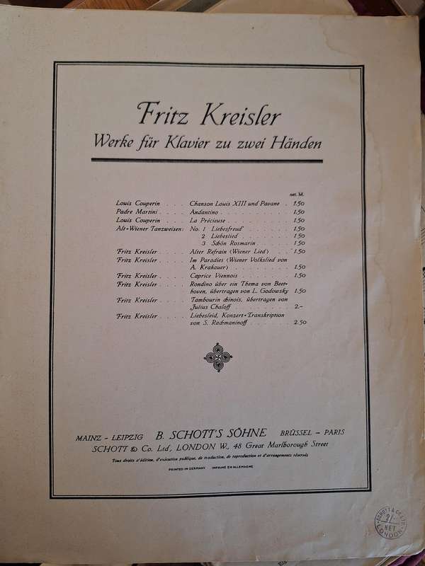 SHEET MUSIC - Fritz Kriesler Werke fur Klavier zu zwei Handen. pp8