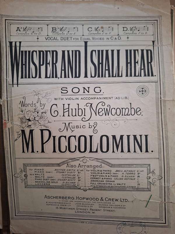 SHEET MUSIC- Whisper and I shall hear. With Violin Accompaniment music by M Piccolomini. pp8