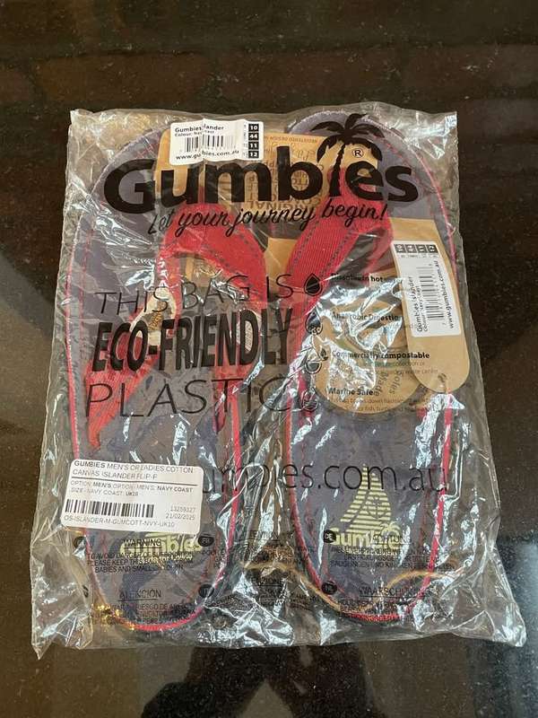 Mens GUMBIES Flip Flops / Sandals - Tyre Tread Canvas Islander Navy Coast - Red & Blue - Size 10