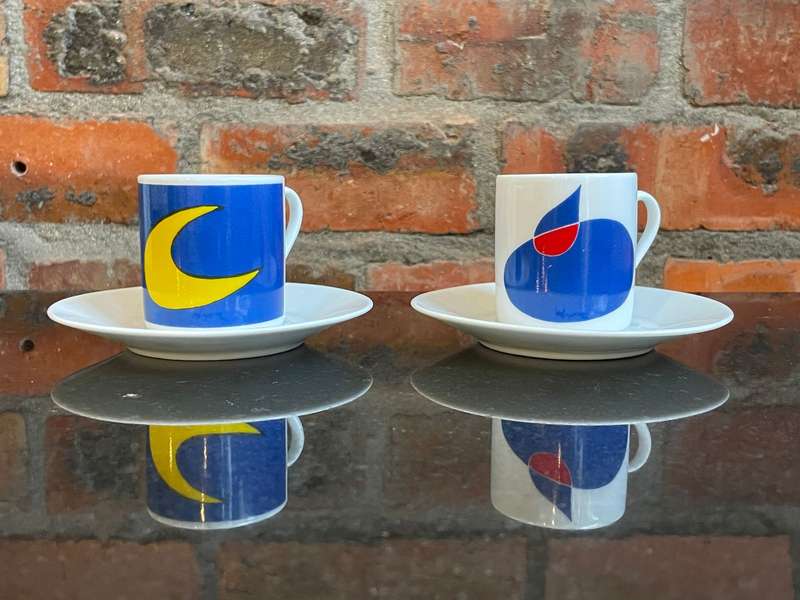 Pair of Licensed Joan Miro Ceramic Espresso Cups & Saucers