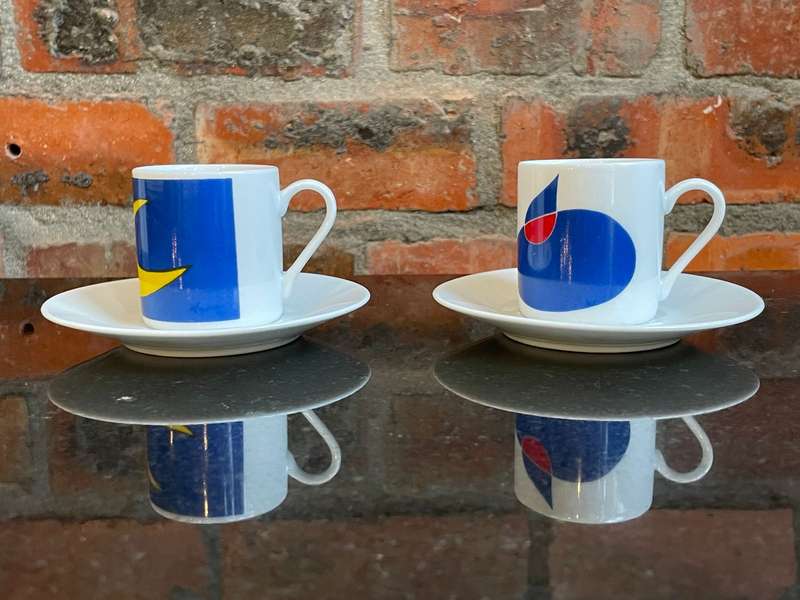 Pair of Licensed Joan Miro Ceramic Espresso Cups & Saucers