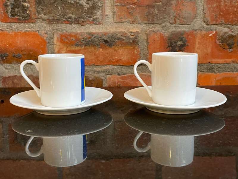 Pair of Licensed Joan Miro Ceramic Espresso Cups & Saucers