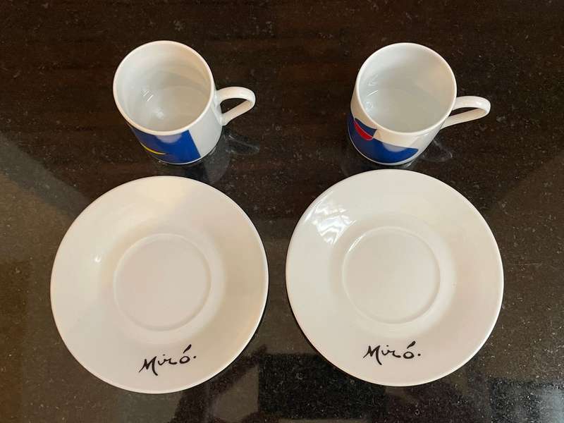 Pair of Licensed Joan Miro Ceramic Espresso Cups & Saucers