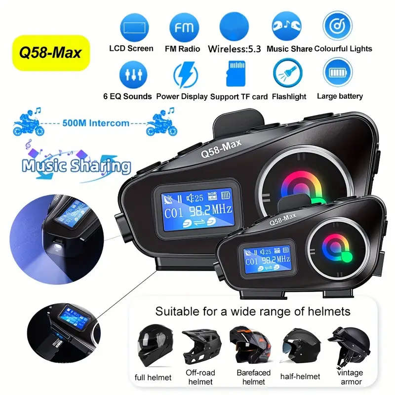 ADVANCED Motorcycle / Motorbike Helmet Intercom + Bluetooth Calls + Music Streaming + FM Radio