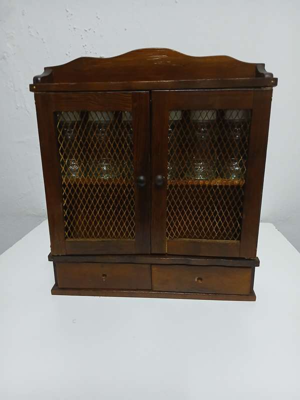 Beautiful Vintage Wooden Rustic Curio Cabinet Showcase Display With 2 Drawers