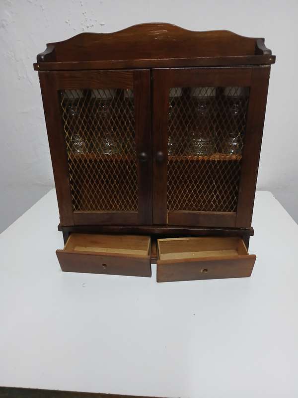 Beautiful Vintage Wooden Rustic Curio Cabinet Showcase Display With 2 Drawers