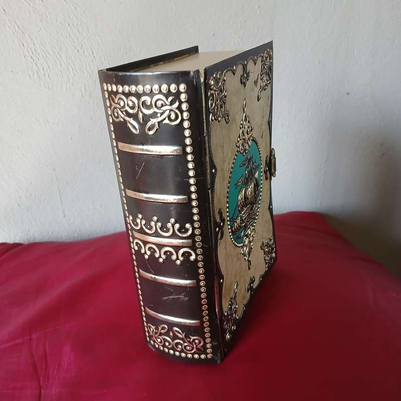 Vintage Book-shaped tin box with embossed sailing ship, treasure chest