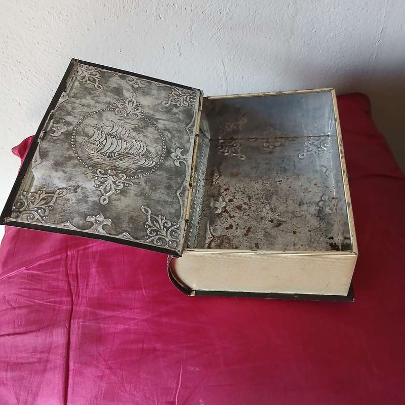 Vintage Book-shaped tin box with embossed sailing ship, treasure chest