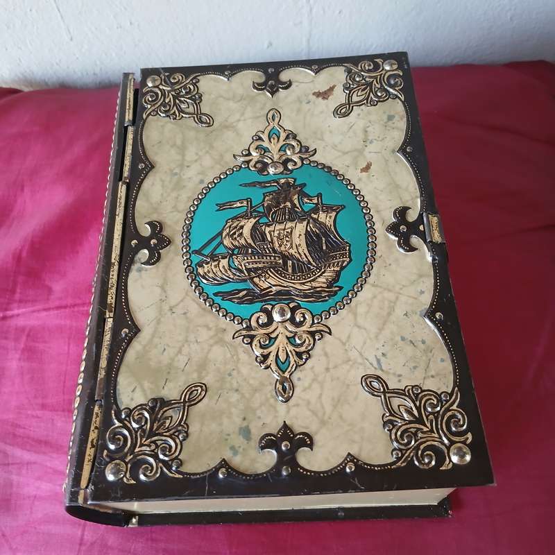 Vintage Book-shaped tin box with embossed sailing ship, treasure chest