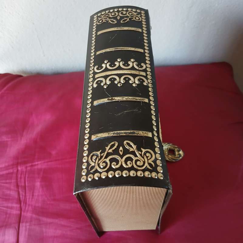 Vintage Book-shaped tin box with embossed sailing ship, treasure chest