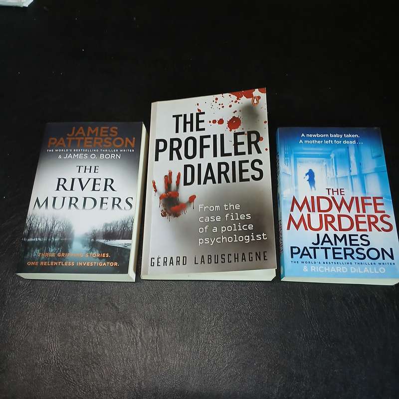 three thriller novels: "The River Murders" by James Patterson & James O. Born "The Profiler Diaries