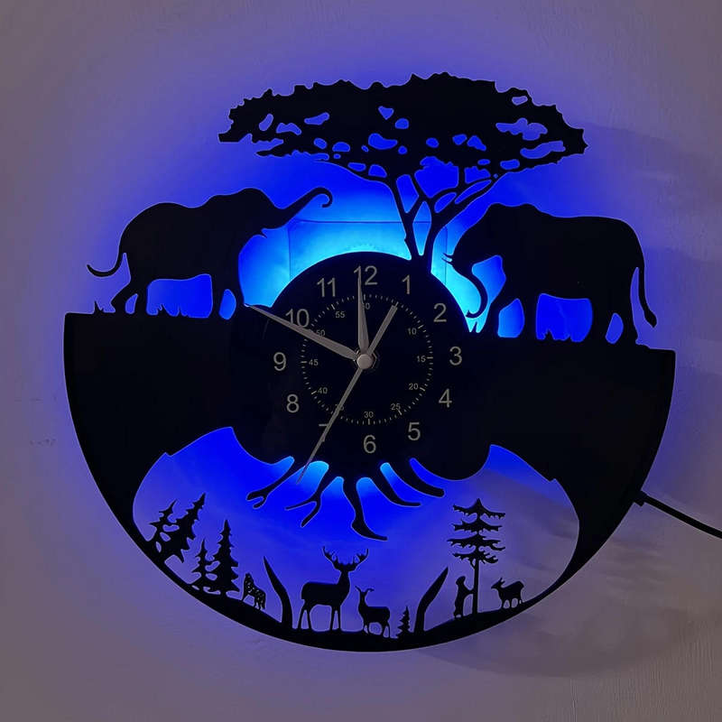 inthetime Wild Animal LED Vinyl Record Wall Clock with Remote | 7-Color LED Light | Farm Forest