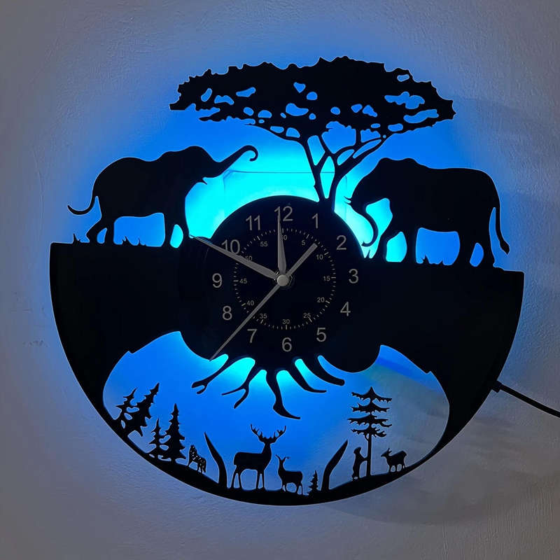 inthetime Wild Animal LED Vinyl Record Wall Clock with Remote | 7-Color LED Light | Farm Forest