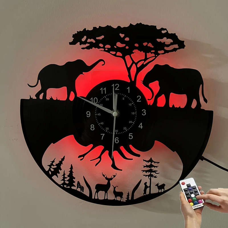 inthetime Wild Animal LED Vinyl Record Wall Clock with Remote | 7-Color LED Light | Farm Forest