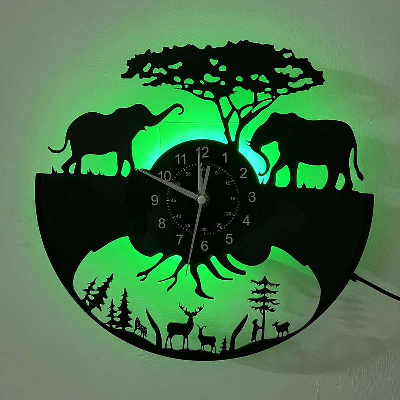 inthetime Wild Animal LED Vinyl Record Wall Clock with Remote | 7-Color LED Light | Farm Forest