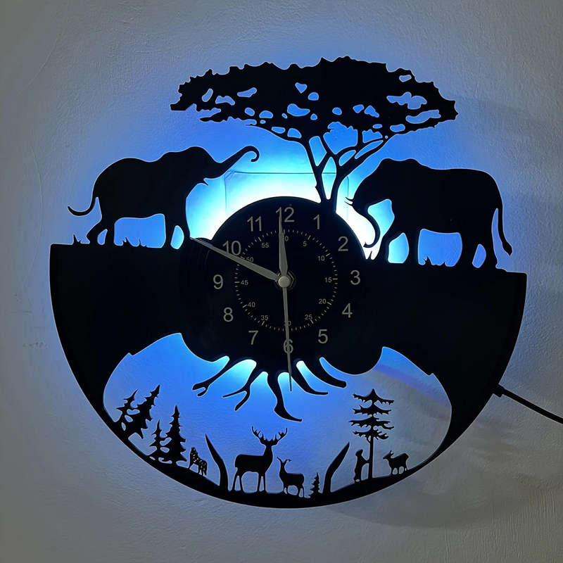 inthetime Wild Animal LED Vinyl Record Wall Clock with Remote | 7-Color LED Light | Farm Forest