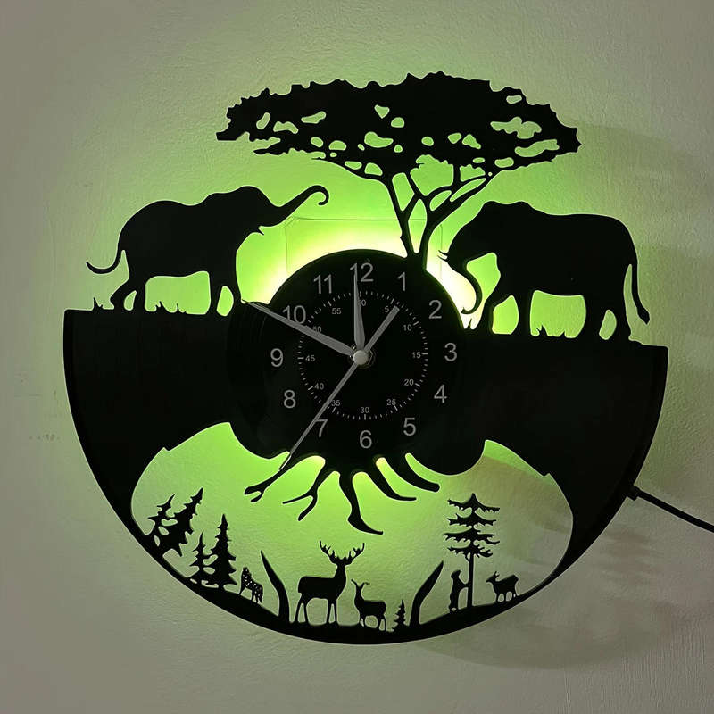 inthetime Wild Animal LED Vinyl Record Wall Clock with Remote | 7-Color LED Light | Farm Forest