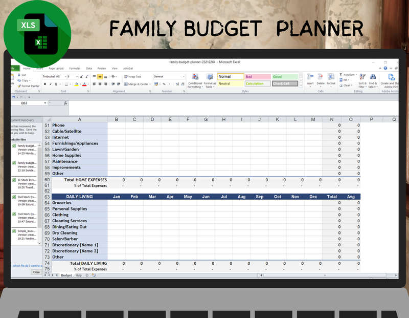 Family Budget Planner Excel Spread Sheet and Google Sheet