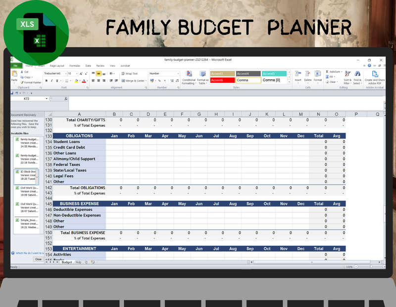 Family Budget Planner Excel Spread Sheet and Google Sheet