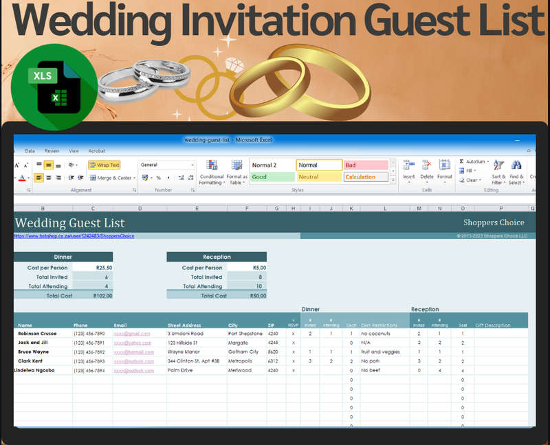 Wedding Guestlist Excel Spread Sheet and Google Sheet