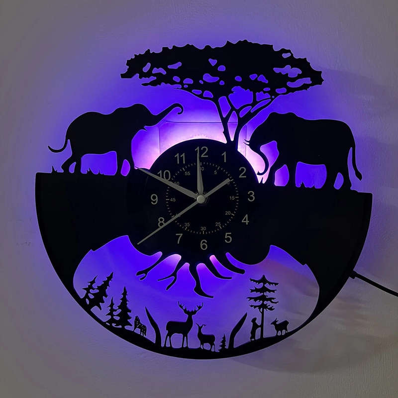 inthetime Wild Animal LED Vinyl Record Wall Clock with Remote | 7-Color LED Light | Farm Forest