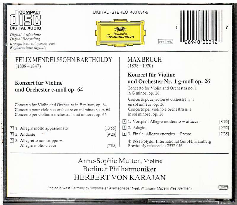 Mendelssohn/Bruch: Violin Concertos - Anne-Sophie Mutter, Berliner Philharmoniker, von Karajan CD