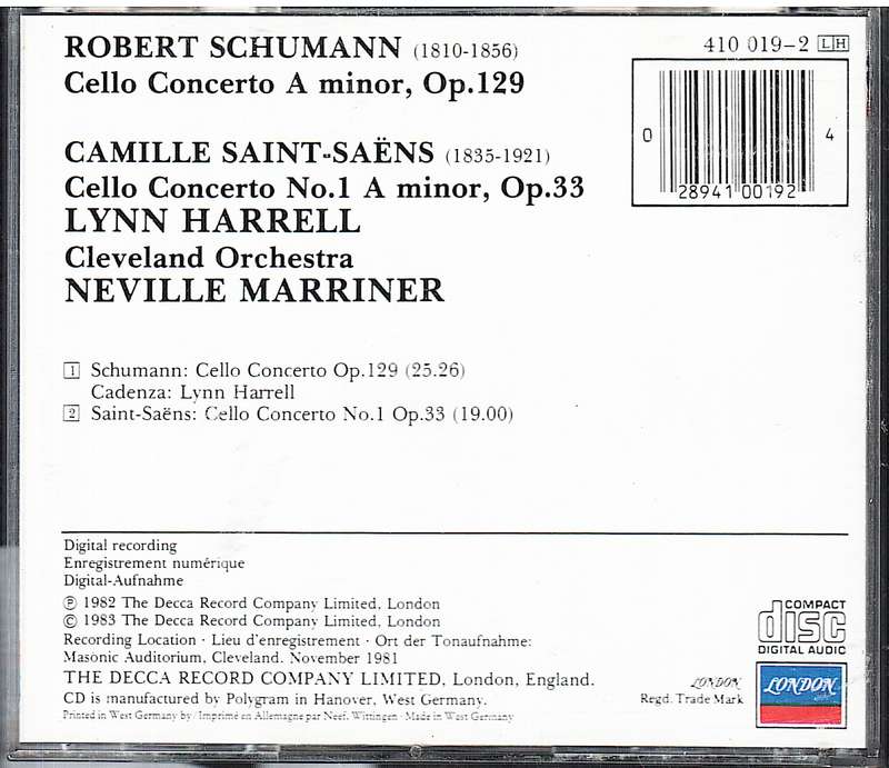 Schumann/Saint-Saens: Cello Concerto/Cello Concerto No 1 - Lynn Harrell, Cleveland Orchestra CD
