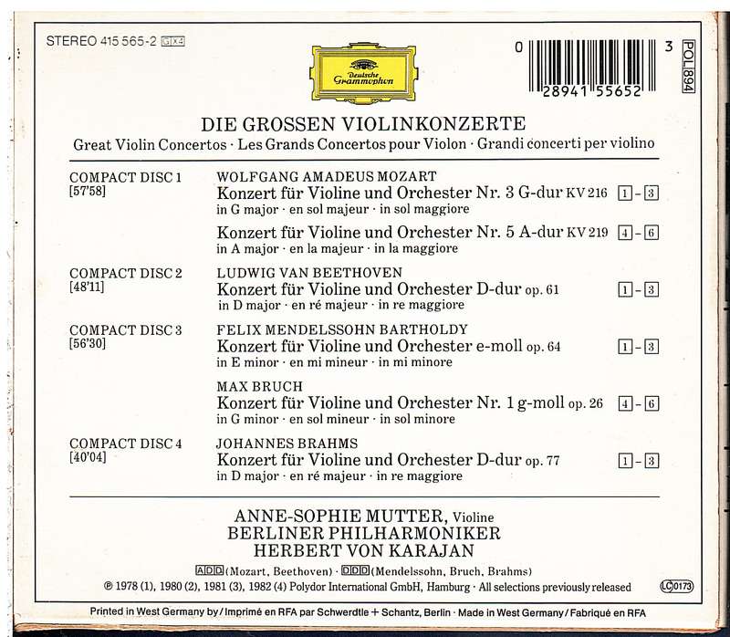 Great Violin Concertos 4 CD set - Anne-Sophie Mutter, Berlin Philharmonic Herbert von Karajan (cond)
