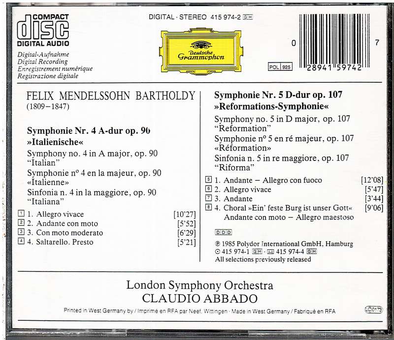Mendelssohn Symphonien 4 & 5 - London Symphony Orchestra, Claudio Abbado (cond) CD