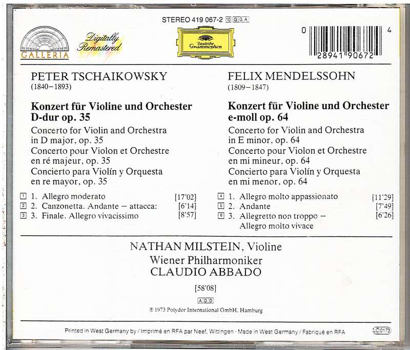 Tchaikovsky/Mendelssohn: Violin Concertos - Nathan Milstein, Vienna Philharmonic, Claudio Abbado CD